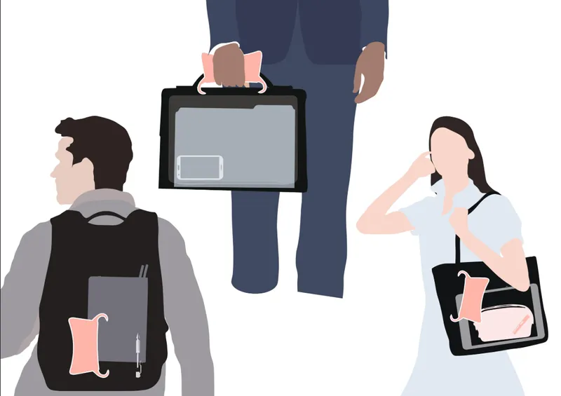 Illustration of three commuters carrying tablet devices and backpacks with attached grip accessories in pink