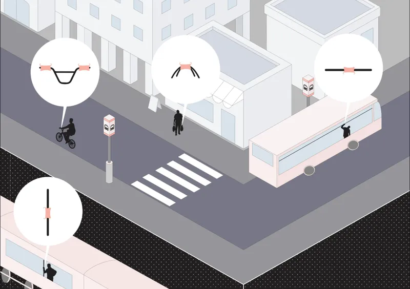 Isometric diagram of an urban intersection showing various grip configurations mounted on vehicles and street furniture
