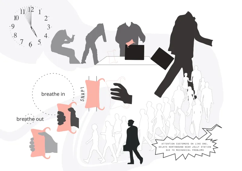 Collage illustration depicting crowded transit scenarios with silhouetted figures and instructions for using handheld grip devices