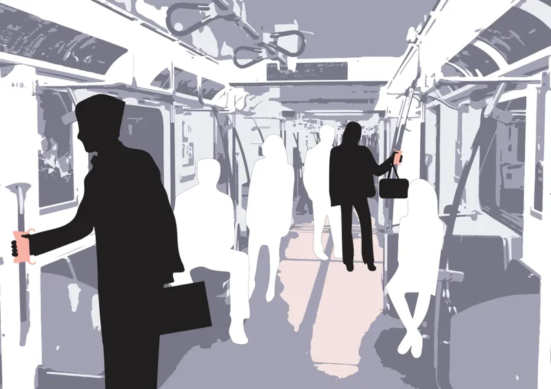 Interior view of a crowded subway car with silhouetted passengers holding poles and overhead handrails