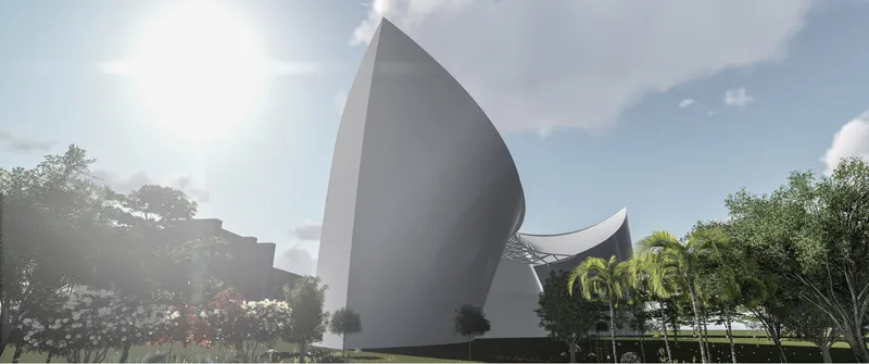White shell-like roof forms rising above surrounding trees under partly cloudy skies