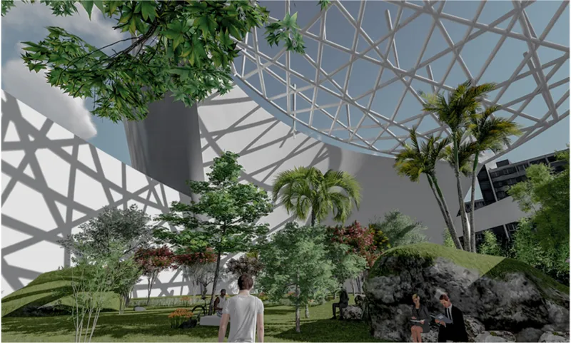 Interior courtyard beneath a white lattice dome structure with planted trees and walking figures