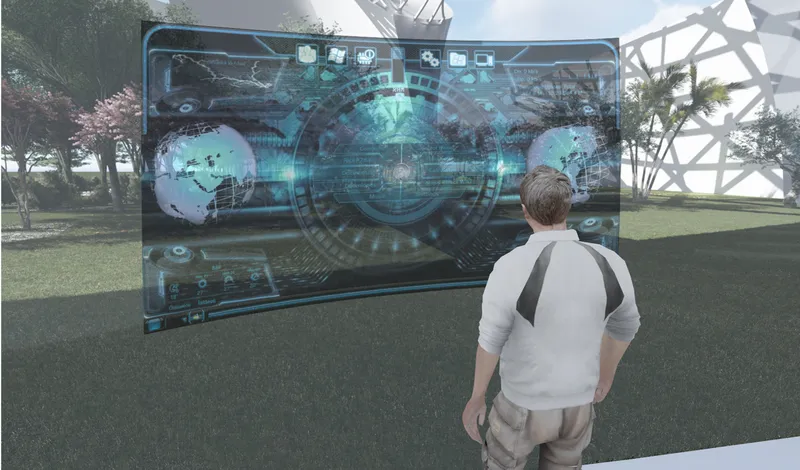 Person viewing a transparent digital interface display in a landscaped park area