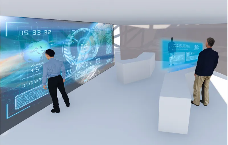 White angular gallery space with two visitors viewing blue illuminated digital displays on the walls