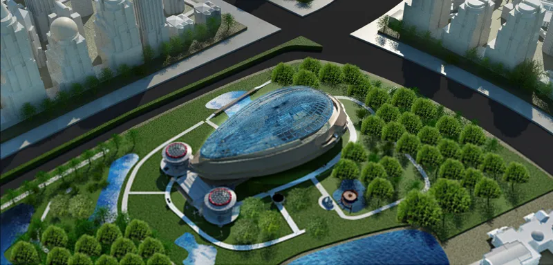 Aerial rendering of an oval glass-roofed pavilion surrounded by curved pathways and landscaped gardens with water features