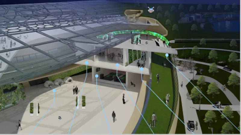 Rendered perspective of a paved plaza with visitors and a multi-level building featuring green-lit openings