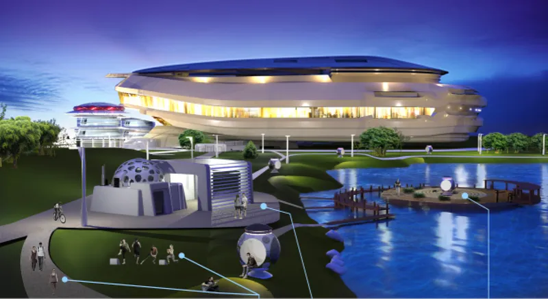 Twilight rendering of a multi-story disc-shaped building elevated above undulating terrain with a waterfront promenade