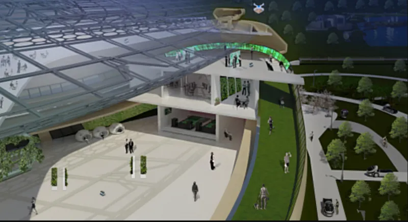 Plaza level rendering with scattered visitors and a terraced building with green-lit curved upper levels