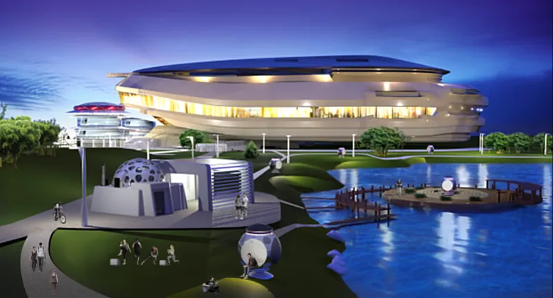 Evening rendering of the illuminated circular building with waterfront pavilions and a lakeside dining terrace