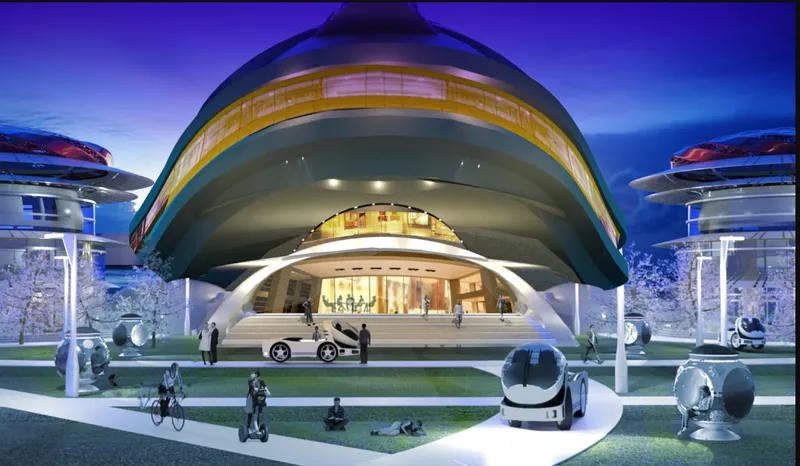 Entrance view at dusk showing layered cantilevered floors with warm interior lighting and autonomous vehicles below