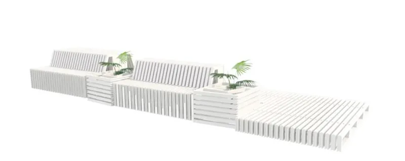 Axonometric drawing of white slatted benches and planters with integrated vegetation in modular arrangement