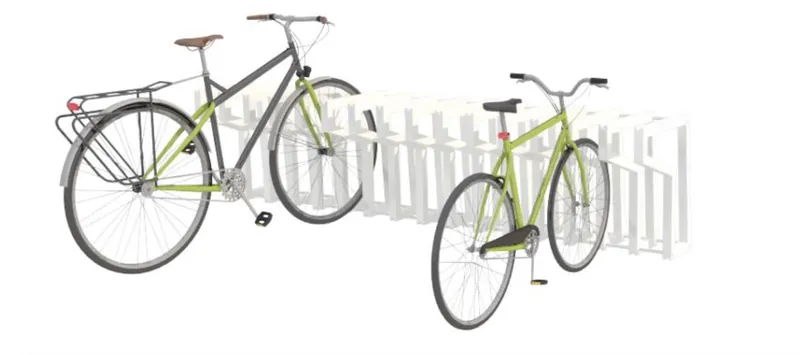 Two bicycles locked to a white vertical slat bike rack in a rendering