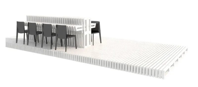 Perspective rendering of white slatted platform with enclosed seating area and dark chairs