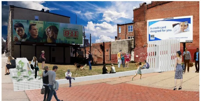 Rendering of a white corrugated installation winding through a vacant urban lot with pedestrians and brick buildings