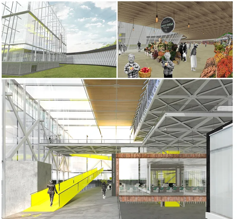 Rendering composition showing exterior translucent facade corner, market hall interior, yellow circulation ramp, and structural ceiling details