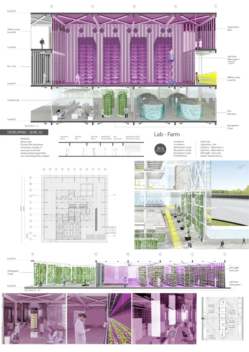 Presentation board with sections, plans, and renderings showing hydroponic farming spaces lit in purple and aquaculture pools below