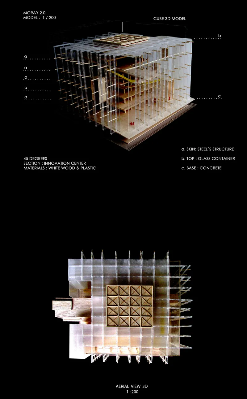 Physical model photograph and plan view showing layered steel structure, glass container facade, and concrete base in exploded axonometric