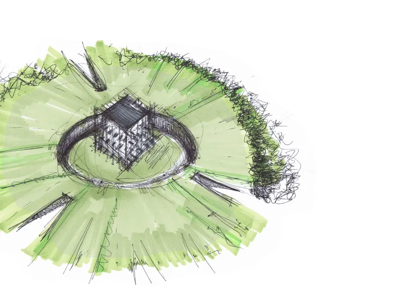 Aerial sketch in watercolor and ink showing circular structure nested within radiating green landscape fields