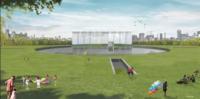 Rendering of the semi-submerged circular pavilion with translucent facades in a public park with families and skyline beyond