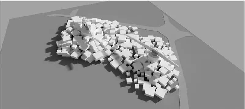 White massing model rendering of clustered volumes on a pentagonal site with dramatic shadows
