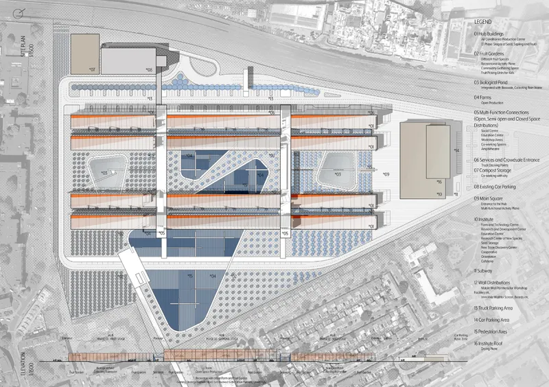 Master site plan drawing showing rectangular building footprints and planted zones adjacent to an urban waterfront