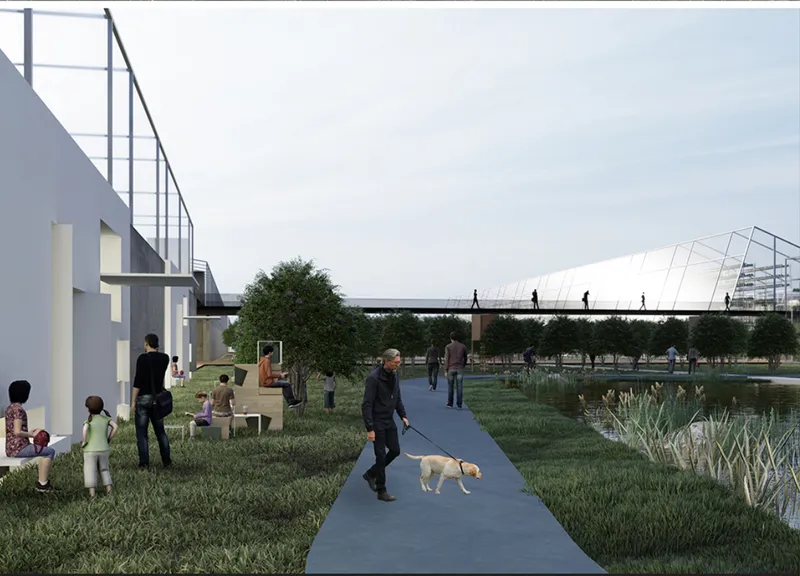 Elevated pedestrian bridge connecting buildings over a park with visitors and a dog walking below