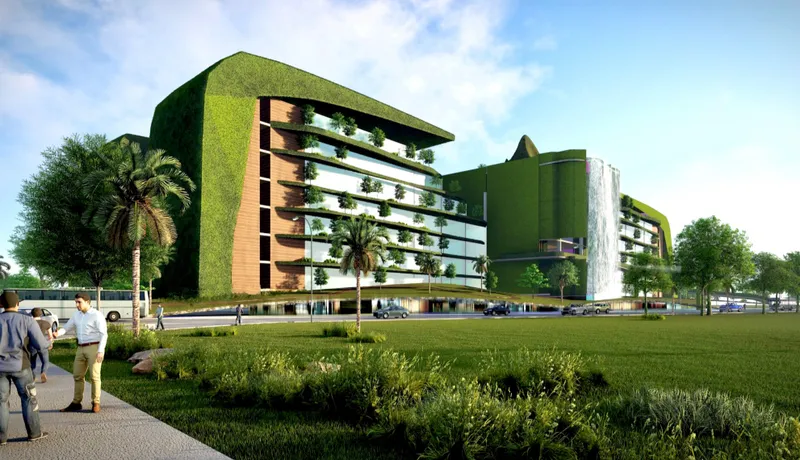 Green-clad facade with planted terraces viewed across lawn with people walking and palm trees