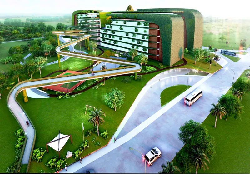 Elevated perspective showing spiraling access ramp connecting ground level to the building entry