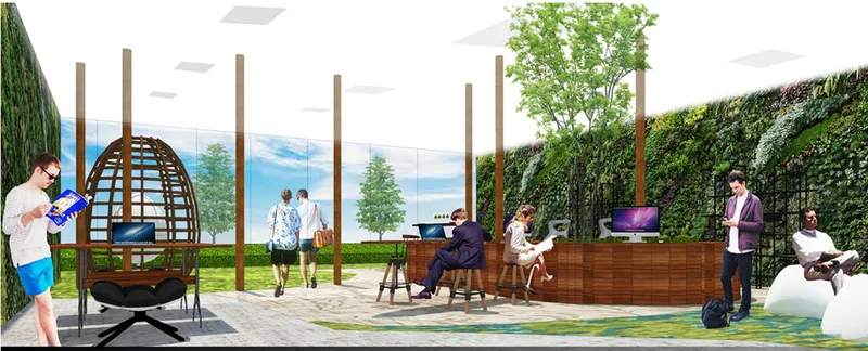 Outdoor terrace with vertical green wall, timber furnishings and people seated beneath suspended ceiling panels
