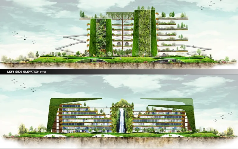 Two elevation drawings showing planted facades with balcony greenery and central waterfall feature