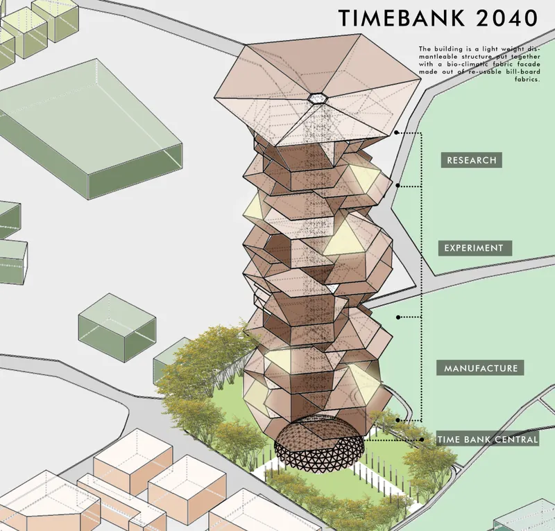 Isometric drawing of stacked hexagonal volumes forming a vertical tower with trees at ground level