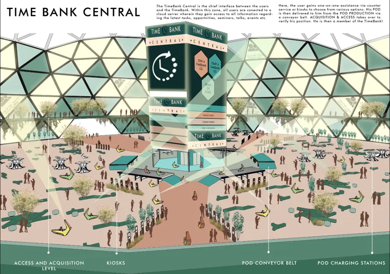 Sectional perspective showing geodesic dome enclosing a central tower and ground-level plaza with scattered figures