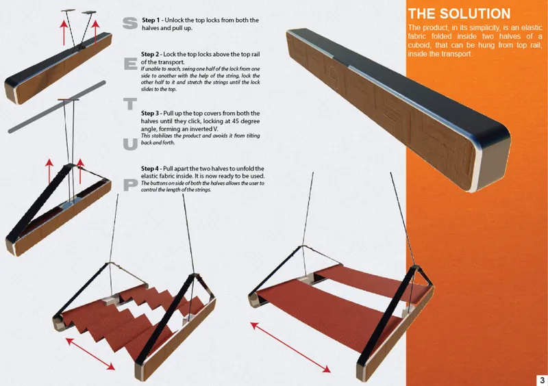 Exploded axonometric drawing of a folding seat mechanism with deployment sequence and fabric rail detail