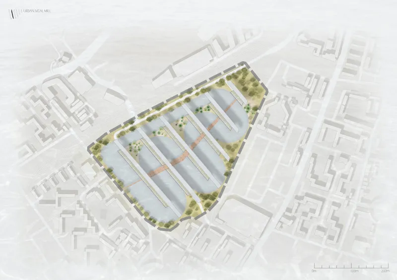 Site plan rendering showing five parallel sawtooth-roofed volumes surrounded by tree-lined perimeter in urban context