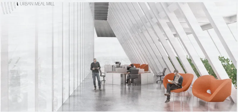 Interior workspace with slanted glazing, vertical planting beds, orange seating, and person standing at workstation