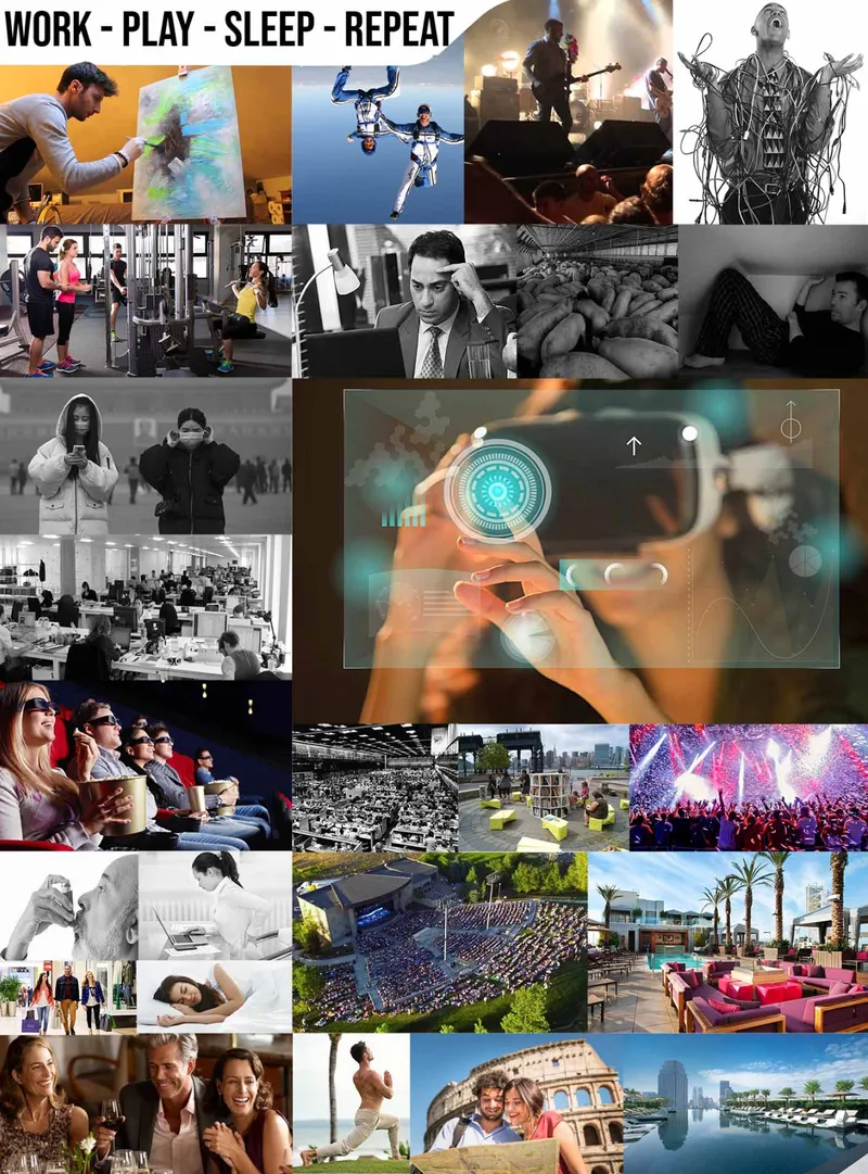 Collage of lifestyle images showing work, play, sleep, and repeat activities across multiple scenes