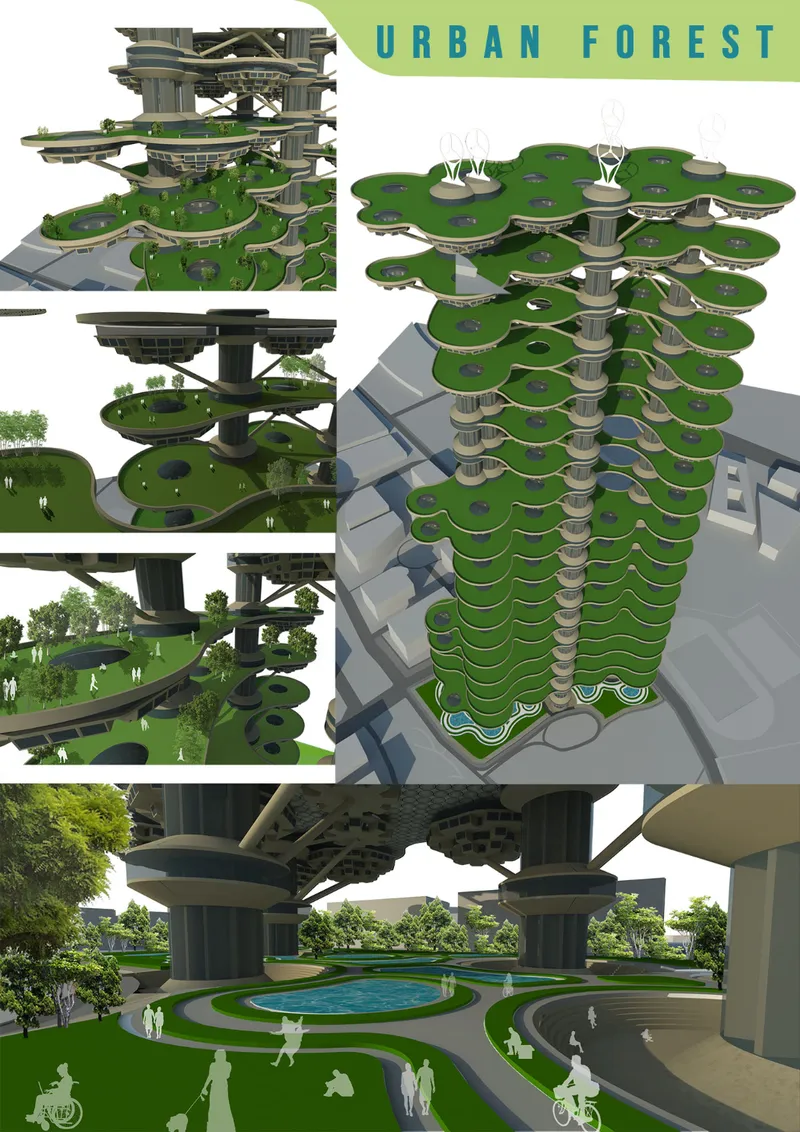 Architectural rendering showing a vertical tower with stacked green planted floors spiraling around a central concrete core