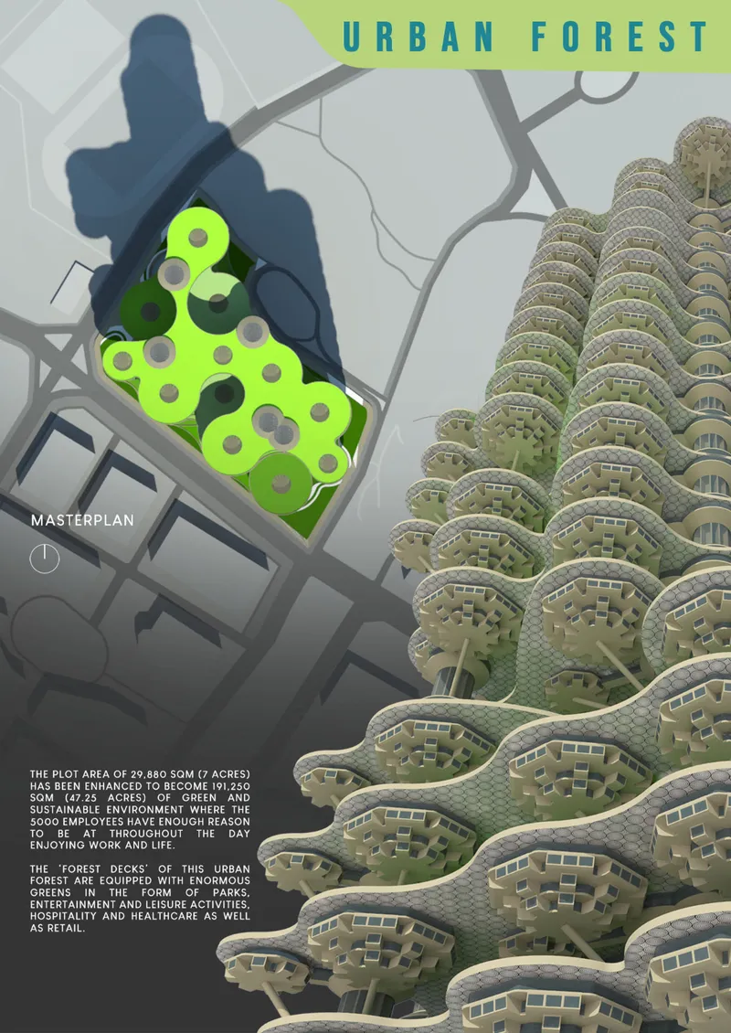 Masterplan rendering showing stacked circular residential units with integrated greenery alongside site diagram