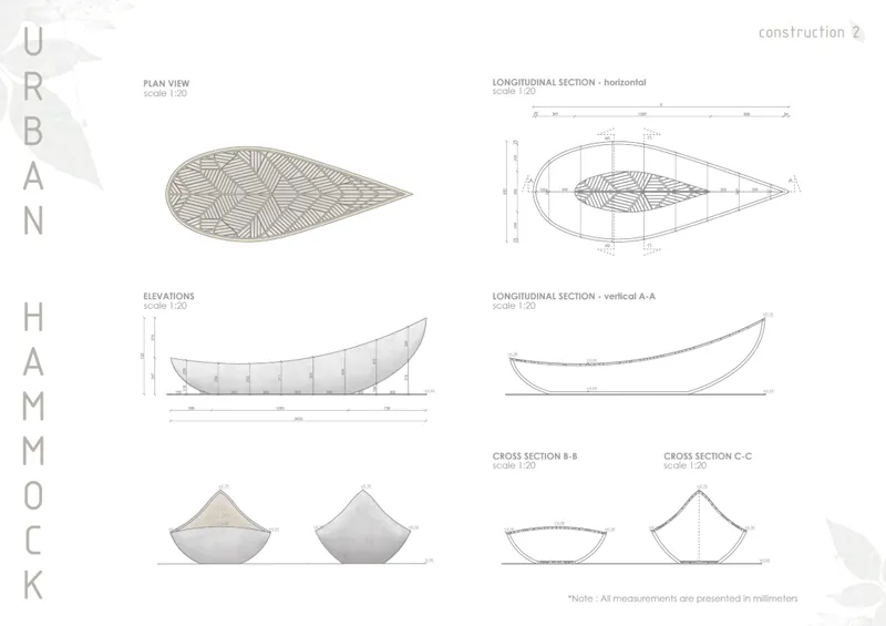 Technical drawings showing plan view, longitudinal sections, elevations and cross sections of a boat-shaped bench