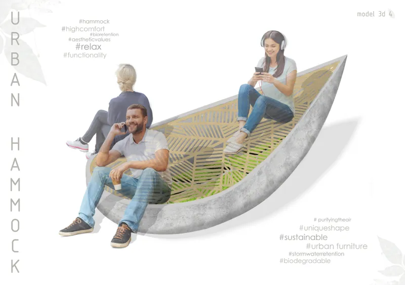Three people sitting on a curved concrete bench with woven hemp rope seating surface