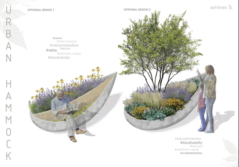 Two design options showing the bench with a person reading and with planted wildflowers and tree