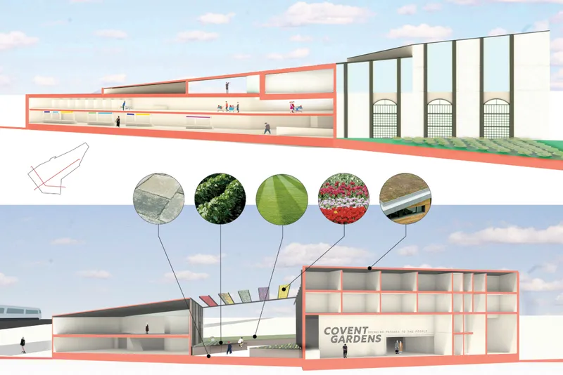 Section drawing showing a long horizontal concourse with material callouts and existing arched structures alongside