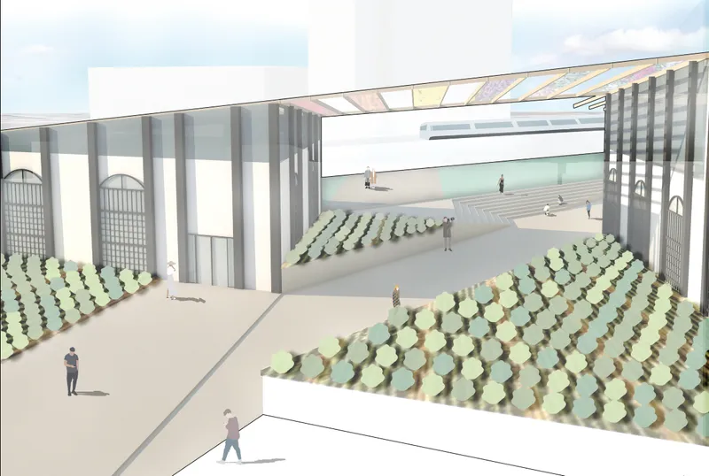 Interior rendering of a planted courtyard with rows of vegetation beneath a glazed canopy and structural columns