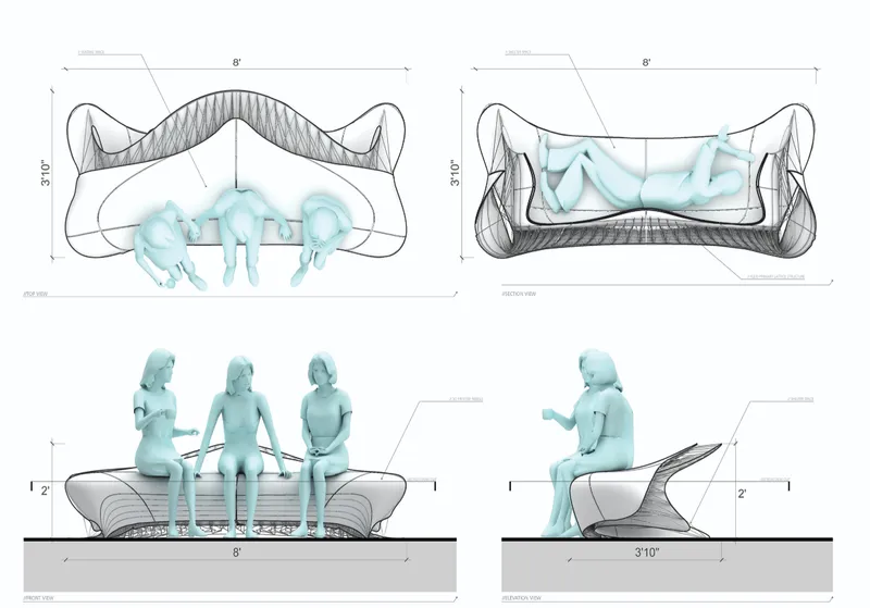 Section and elevation drawings of a curved bench showing seated figures and dimensional annotations