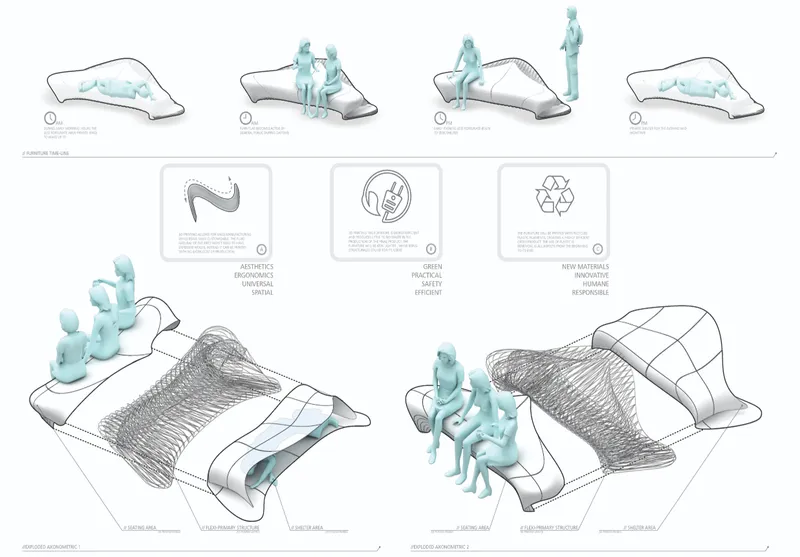 Diagram sheet showing multiple seating configurations with figures and material callouts for the bench design