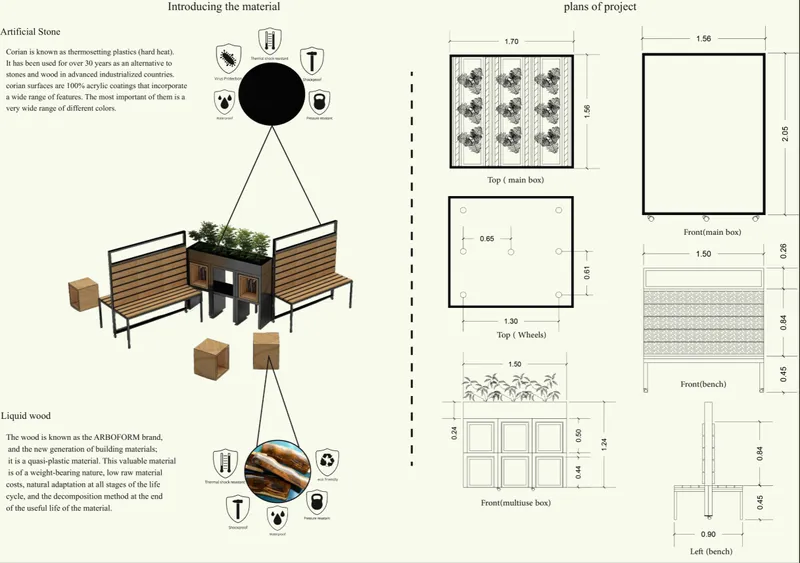 Axonometric drawing of modular benches with integrated planters alongside dimensioned plan drawings showing assembly configurations