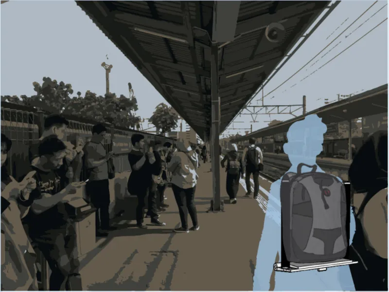 Digital rendering of a train platform with a highlighted figure wearing a backpack among waiting commuters