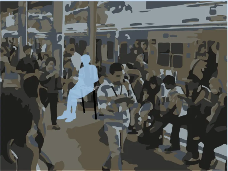 Digital rendering of a crowded train interior with passengers seated and standing