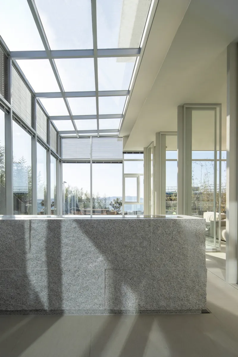 Terrazzo island beneath a glass skylight with steel mullions and views to planted terraces