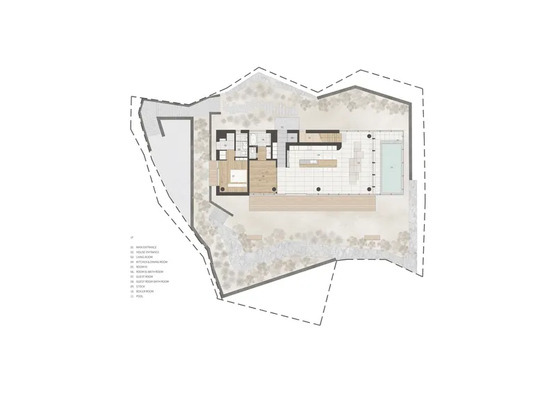 Floor plan drawing showing living areas, pool, and deck within an irregularly shaped site boundary